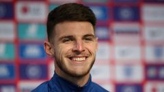 England midfielder Declan Rice speaks to the press