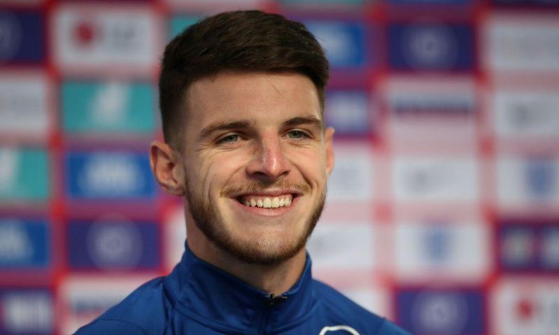 England midfielder Declan Rice speaks to the press