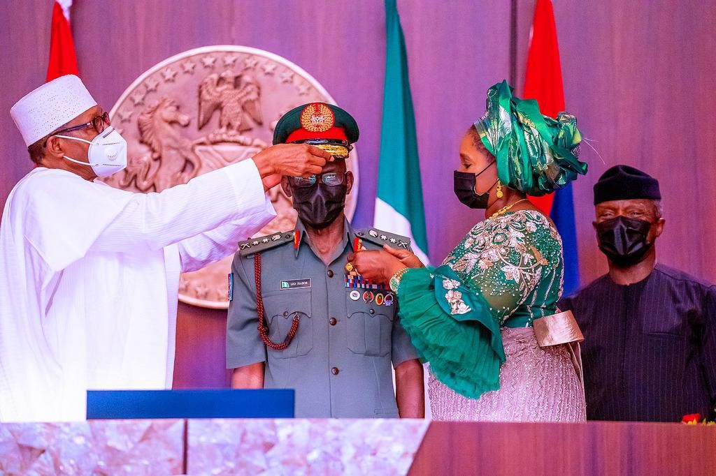 President Muhammadu Buhari decorates Chief of Defence Staff, General Lucky Irabor [Presidency]