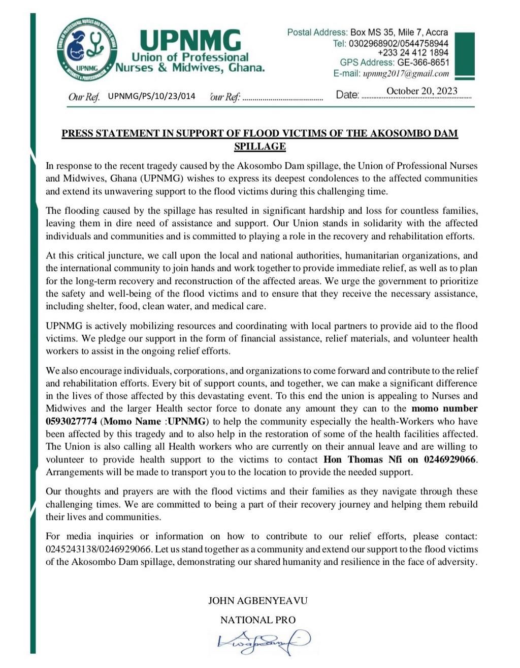 UPNMG Statement