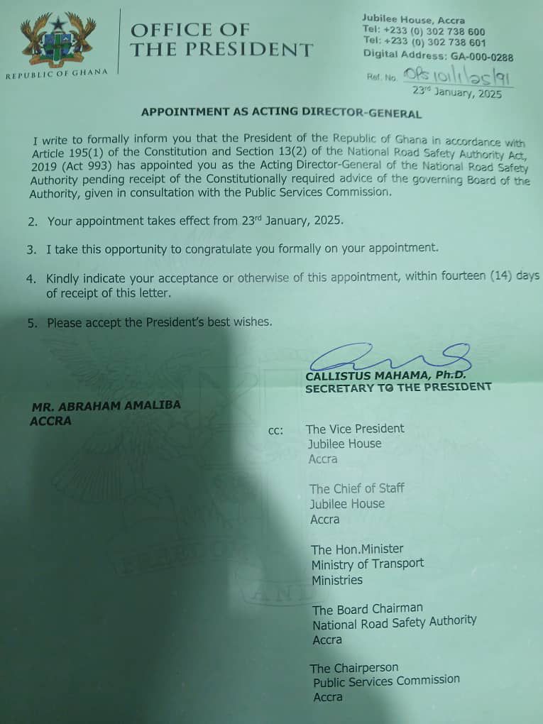 Mahama appoints Abraham Amaliba as Acting DG of Road Safety Authority