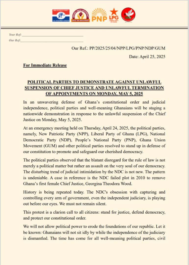 NPP, 4 other parties to protest against ‘unlawful’ suspension of Chief Justice