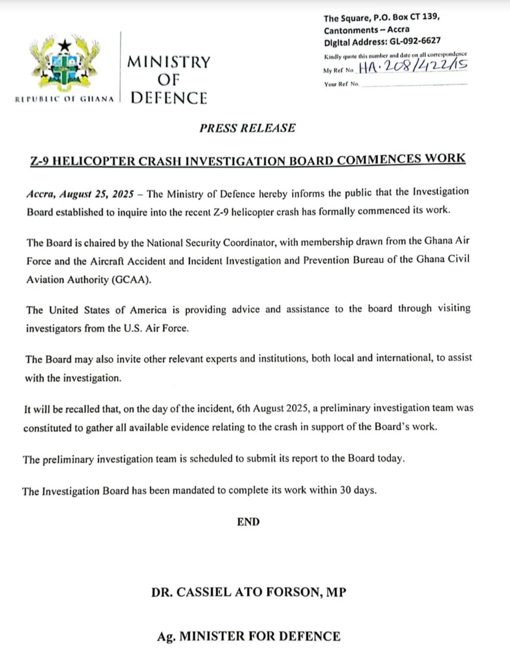 Ministry of Defense statement
