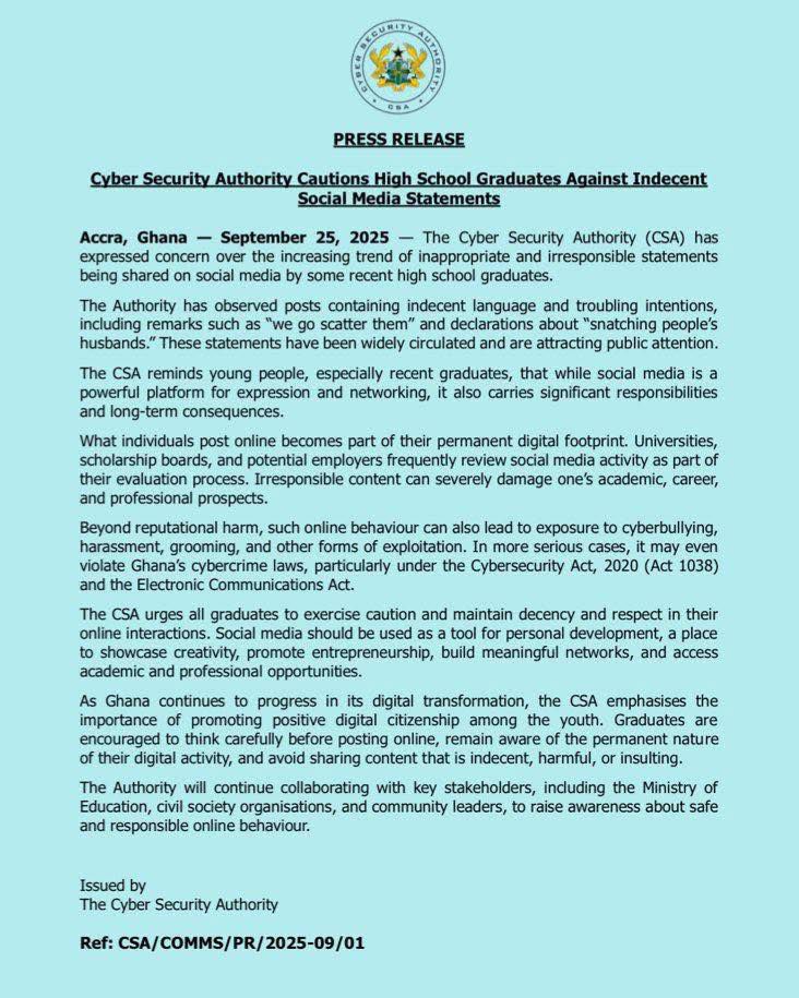 Cyber Security Authority (CSA) statement