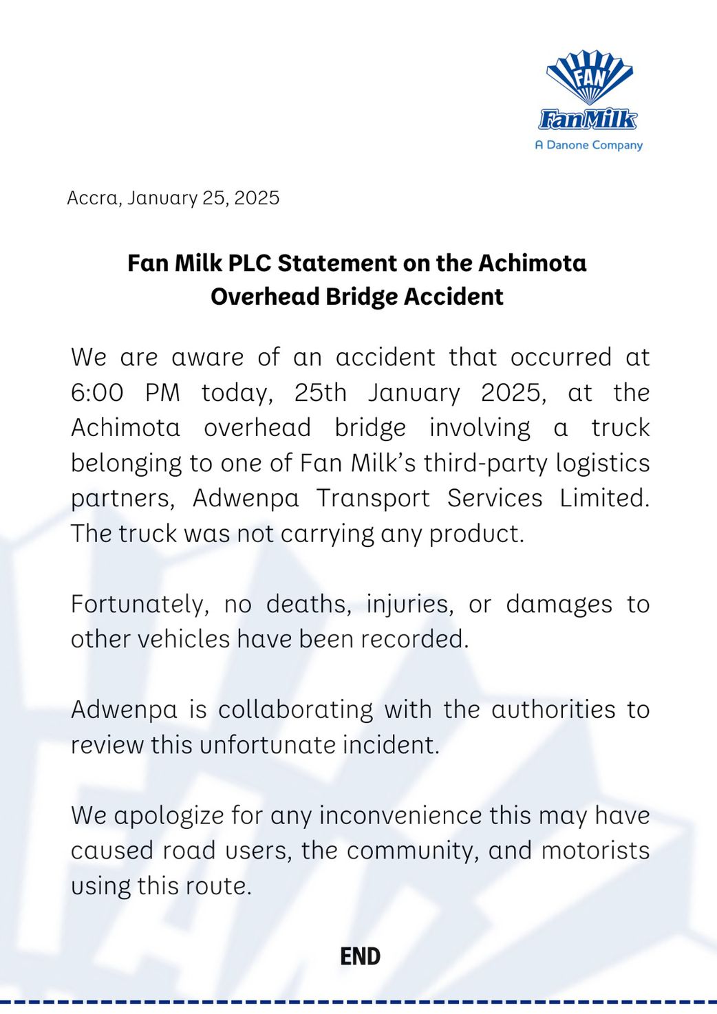 FanMilk apologises for Achimota-Tesano traffic disruption due to truck accident