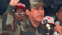 Former Panamanian dictator Manuel Noriega speaks during a military ceremony in 20 May 1988. AFP/Getty Images