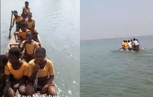 Students commuting to school in a canoe