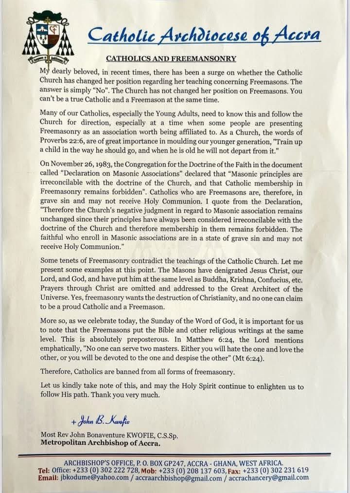 Catholic Church sends stern warning to members about joining Freemasonry