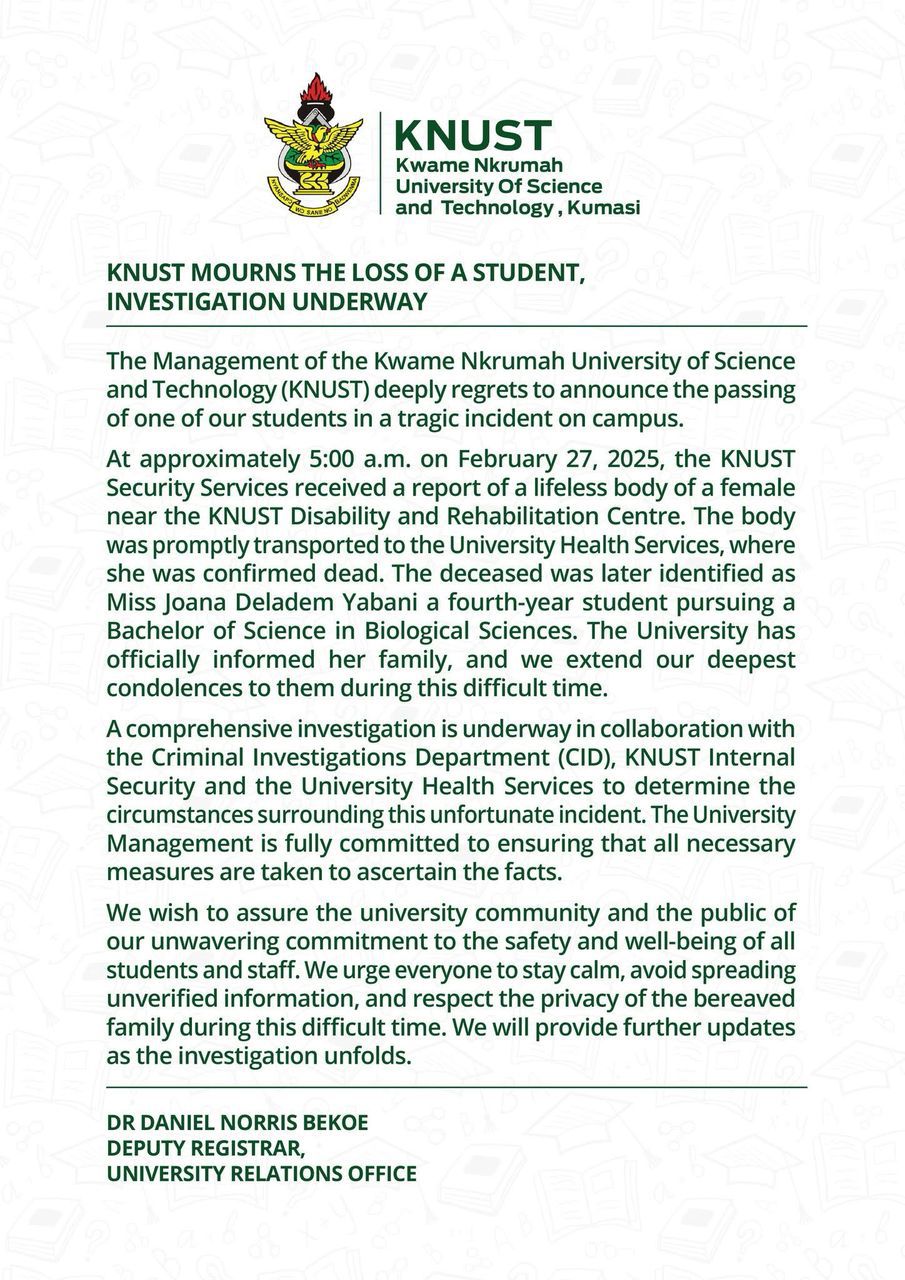 KNUST confirms tragic death of final-year female student, launches investigation