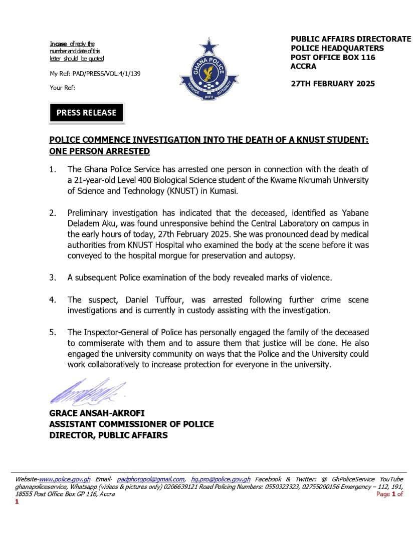 Police arrest one person in connection with KNUST student's death