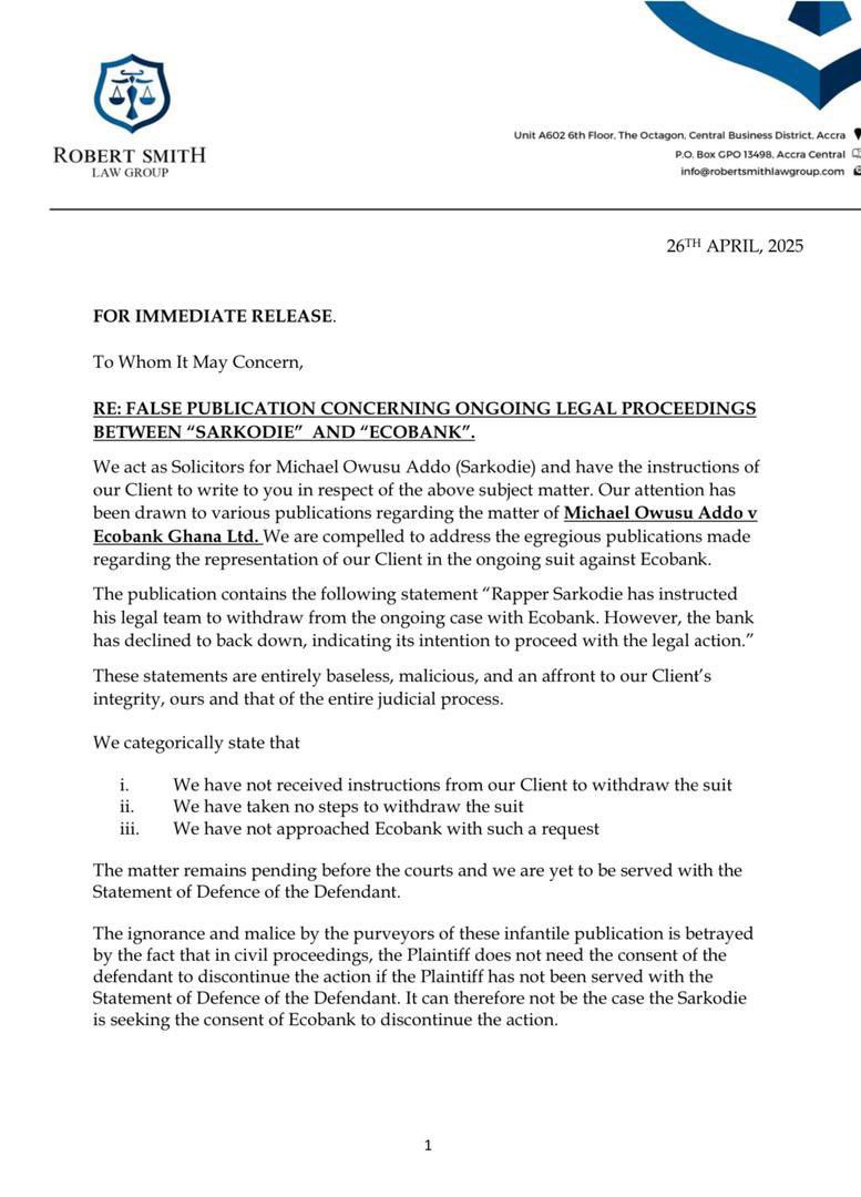 Sarkodie’s team denies pulling out of Ecobank lawsuit, warns media against false reports