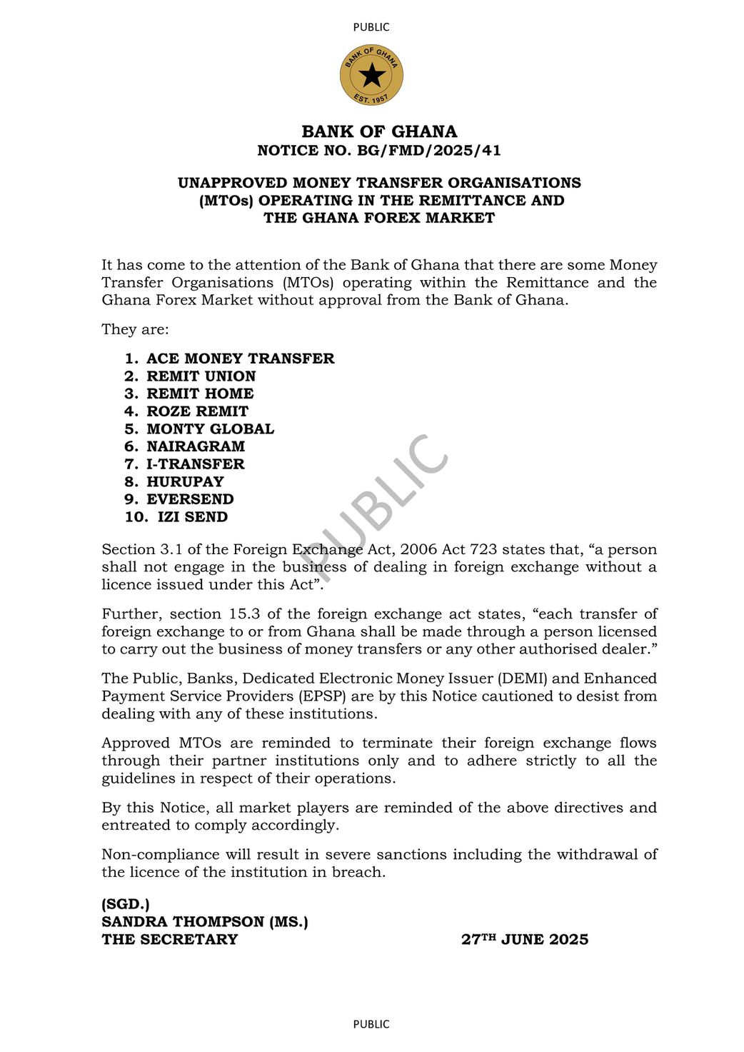 BoG blacklists 10 money transfer companies - What you need to know