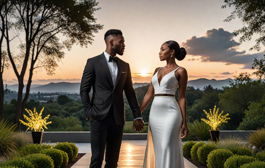 A landscape image of a black modern couple(Man and woman) in a modern set up (Hotpot.ai)