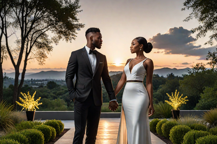 A landscape image of a black modern couple(Man and woman) in a modern set up (Hotpot.ai)