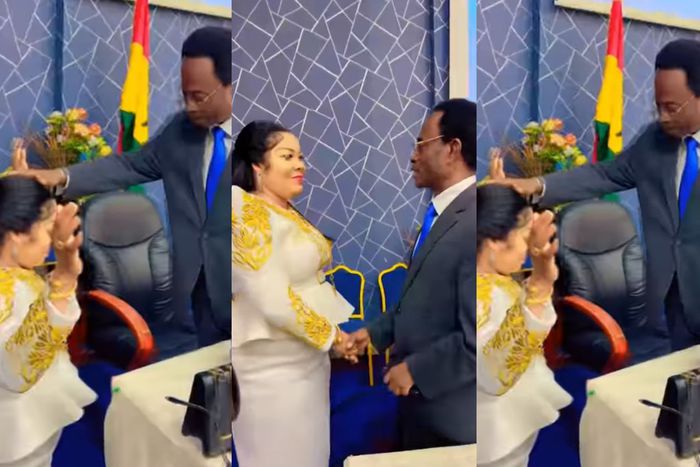 Agradaa kneels for prayers from Church of Pentecost's former chairman Opoku Onyinah