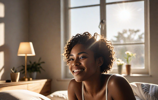 An AI-generated image of a woman in bed, smiling as she wakes up with sunlight streaming through the window (Hotpot.ai)