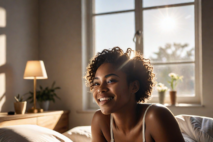 An AI-generated image of a woman in bed, smiling as she wakes up with sunlight streaming through the window (Hotpot.ai)