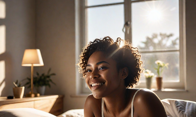 An AI-generated image of a woman in bed, smiling as she wakes up with sunlight streaming through the window (Hotpot.ai)