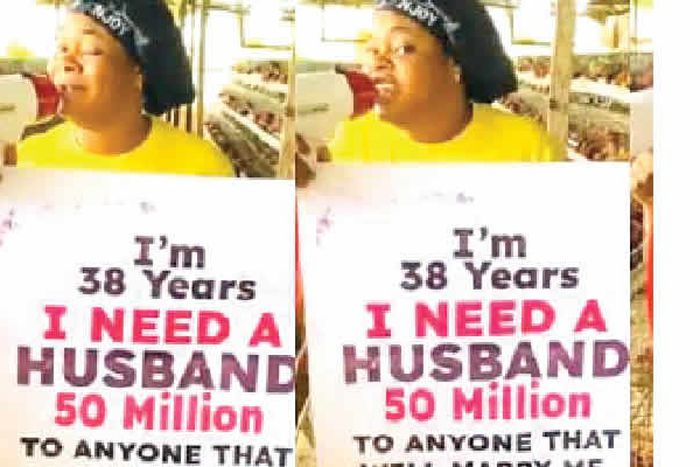 The TikToker was seen in a viral video holding a placard with an inscription that said she was ready to offer her prospective husband 50 million naira.