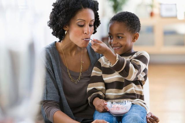 mother and son eating ice cream