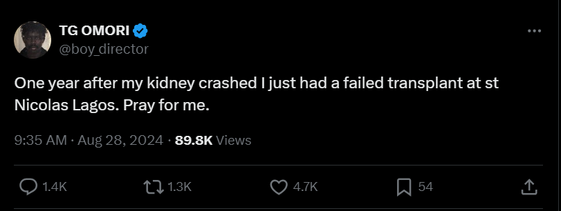 TG Omori reveals that he had a failed kidney transplant [X/TGomori]