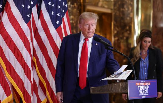 US former President and Republican presidential candidate Donald Trump at a press conference at Trump Tower following the oral arguments.CHARLY TRIBALLEAU/AFP via Getty Images