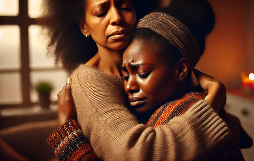 DALL·E-2024-09-11-100757-A-touching-scene-of-a-Black-woman-hugging-her-mother-while-in-tears