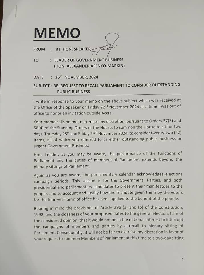 Speaker Bagbin rejects Afenyo-Markin’s emergency parliamentary recall request