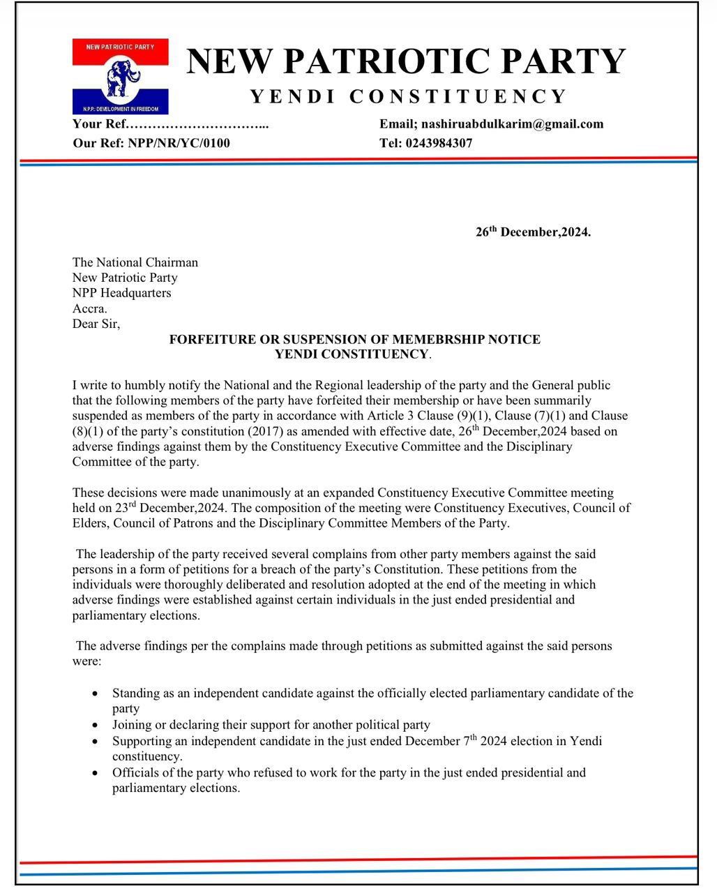 Yendi NPP suspends 184 members over breach of party’s constitution