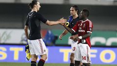 (L-R) Zlatan Ibrahimovic, Alessandro Nesta, Sulley Muntari (Milan), APRIL 10, 2012 - Football Soccer : Italian Serie A match between AC Chievo Verona 0-1 AC Milan at Stadio Marc Antonio Bentegodi in Verona, Italy.