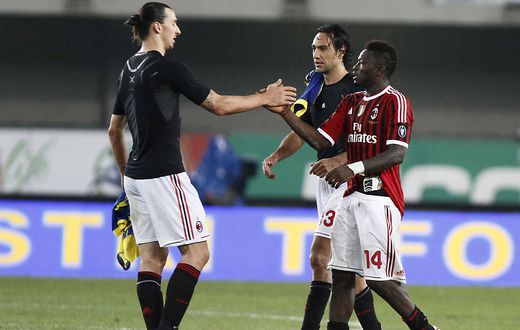 (L-R) Zlatan Ibrahimovic, Alessandro Nesta, Sulley Muntari (Milan), APRIL 10, 2012 - Football Soccer : Italian Serie A match between AC Chievo Verona 0-1 AC Milan at Stadio Marc Antonio Bentegodi in Verona, Italy.