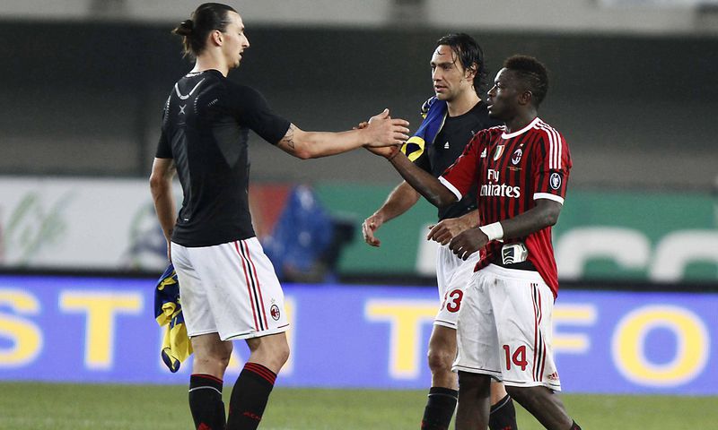 (L-R) Zlatan Ibrahimovic, Alessandro Nesta, Sulley Muntari (Milan), APRIL 10, 2012 - Football Soccer : Italian Serie A match between AC Chievo Verona 0-1 AC Milan at Stadio Marc Antonio Bentegodi in Verona, Italy.