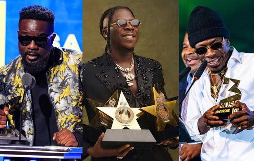 Sarkodie photo by Carmen Mandato/Getty Images, Stonebwoy photo via facebook.com/stonebwoyburniton/photos and Shatta Wale photo via 3music