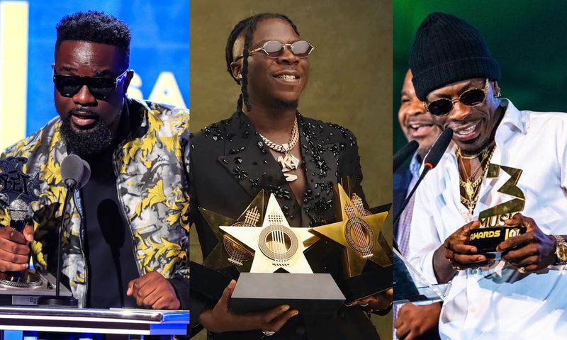 Sarkodie photo by Carmen Mandato/Getty Images, Stonebwoy photo via facebook.com/stonebwoyburniton/photos and Shatta Wale photo via 3music