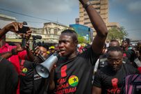 #SaveGhanaFootball-protest Leader Saddick Adams speaks to the protesters. Photos by Nicolas Horni