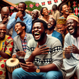 An AI-generated image of a lively scene depicting a black Kenyan man laughing loudly while using his smartphone, surrounded by a group of Kenyan people in a social gathering