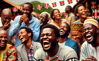 An AI-generated image of a lively scene depicting a black Kenyan man laughing loudly while using his smartphone, surrounded by a group of Kenyan people in a social gathering