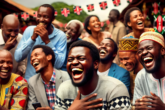 An AI-generated image of a lively scene depicting a black Kenyan man laughing loudly while using his smartphone, surrounded by a group of Kenyan people in a social gathering