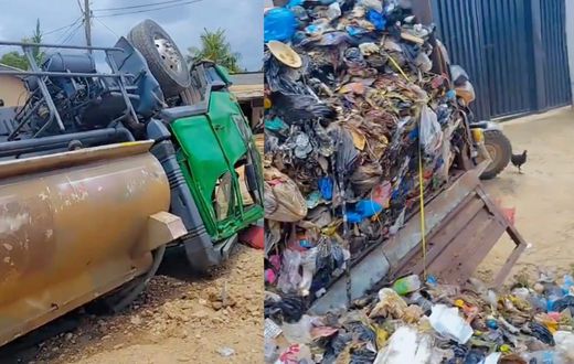 Toilet truck overturns after crashing into garbage tricycle in Pokuase