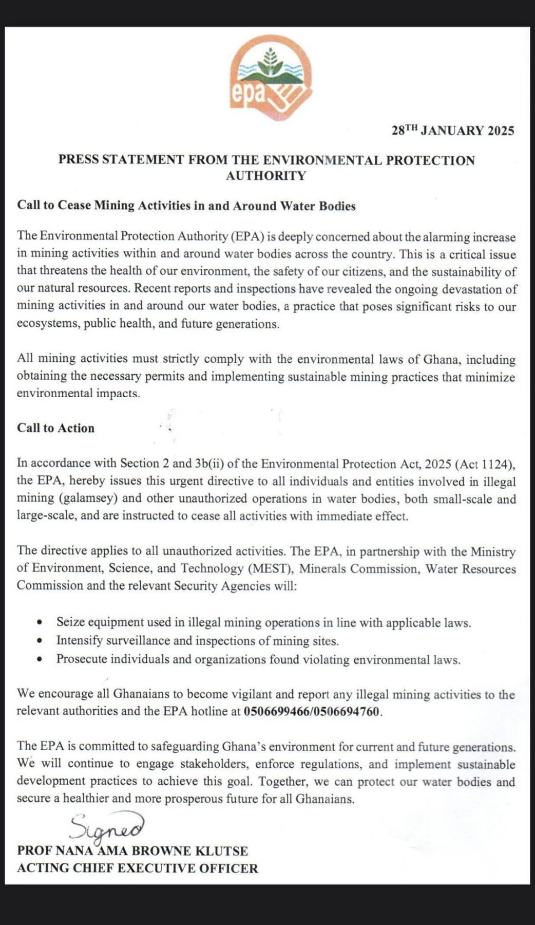 EPA orders immediate end to all 'galamsey' activities on water bodies