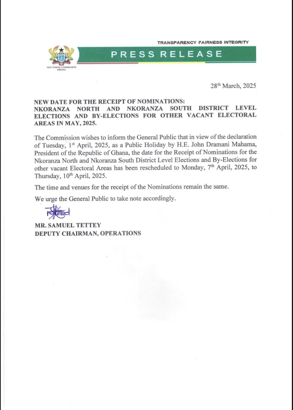 EC reschedules Nkoranza North and South District level elections