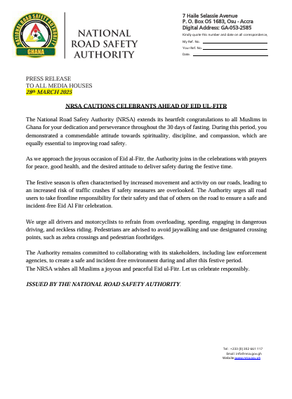 Let us be road safe this Eid-Ul-Fitr - NRSA cautions