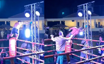 Boxer gets electric shock, collapses into ring during unusual celebration (Video)