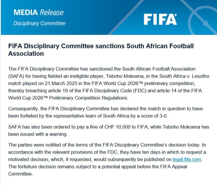 FIFA sanctions South Africa