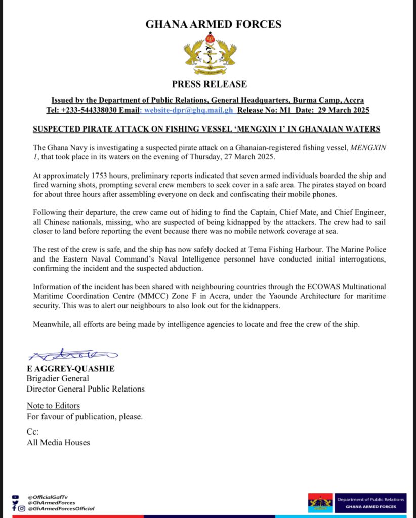 Ghana Navy probes suspected pirate attack, three crew members feared kidnapped