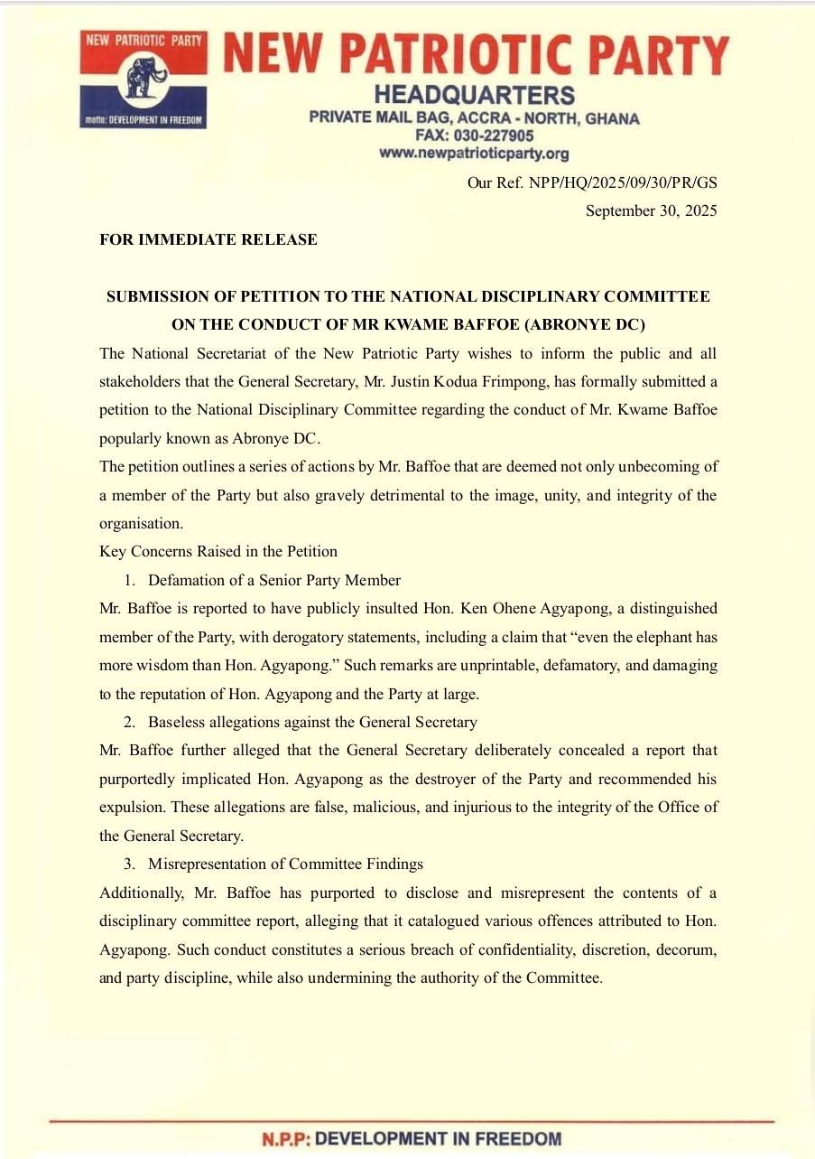 NPP Gen. Sec. petitions Disciplinary Committee to sanction Abronye over 'misconduct'
