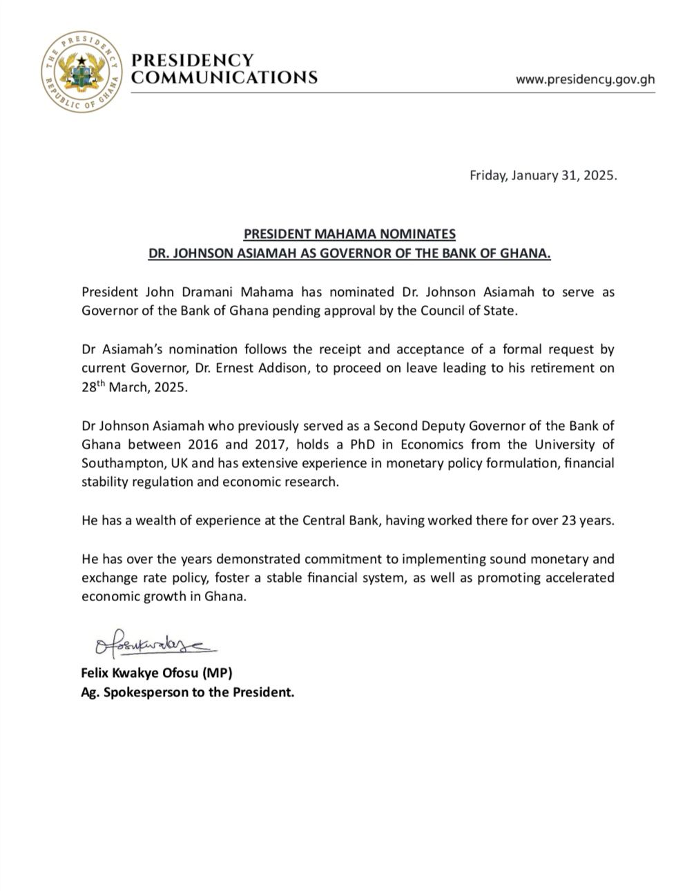Dr Johnson Asiamah appointed to replace Dr Addison as Governor of Bank of Ghana