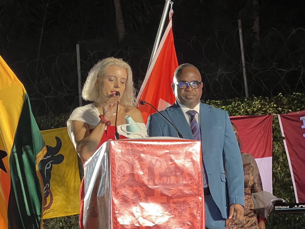Swiss Ambassador to Ghana, Her Excellency Ms Simone Giger speaks at the Swiss National Day 2025, held at the Swiss Residence in Ridge, Accra, on 29 August 2025.