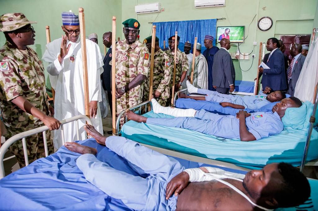 President Muhammadu Buhari visiting injured troops in Maiduguri, Borno State on November 28, 2018