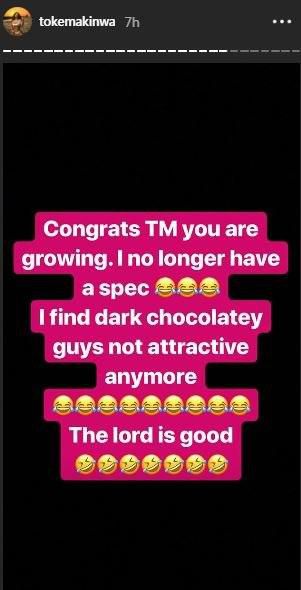Toke Makinwa says she no longer has a particulae spec in men